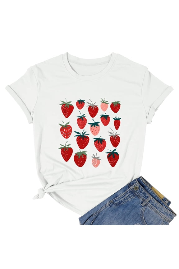 Women Strawberry Cute Graphic T-Shirts Fruit Shirts Strawberries Print Cottagecore Clothing T-shirt Crew Neck Garden Tee Tops