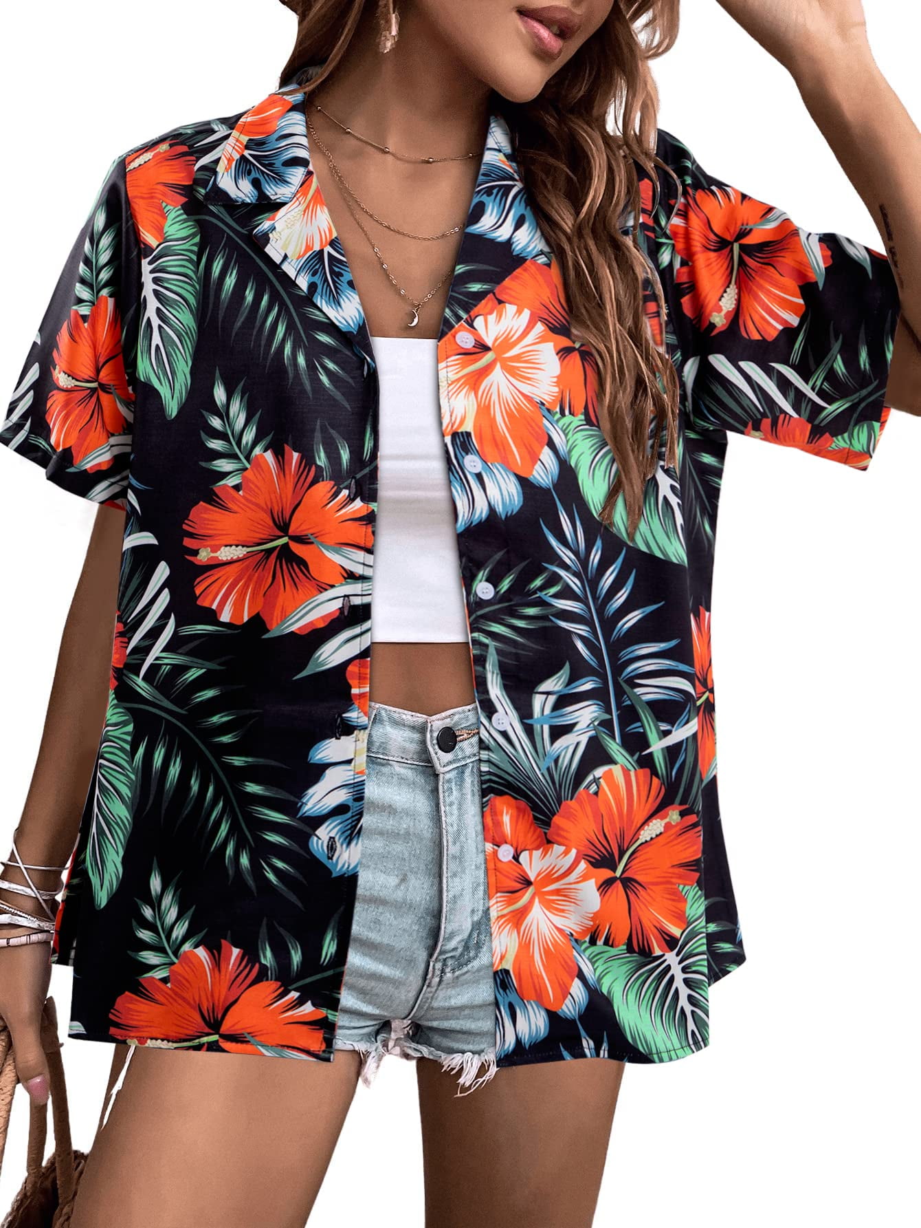 VILOVE Womens Summer Hawaiian Shirts Tropical Floral Print Shirt Button ...