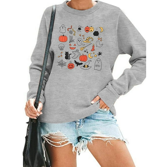 VILOVE Women Halloween Sweatshirt Pumpkin Ghost Graphic Shirts Fall Long Sleeve Pullover Tops