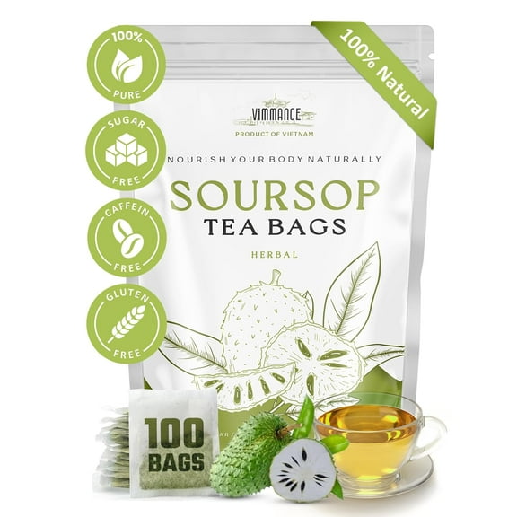VIMMANCE Soursop Leaves Tea Bags, Graviola, Hoja de Guanabana, Vietnamese Soursap, 100% Natural, Gluten Free, Caffein Free, Sugar Free, Balanced Taste (100 Bags)
