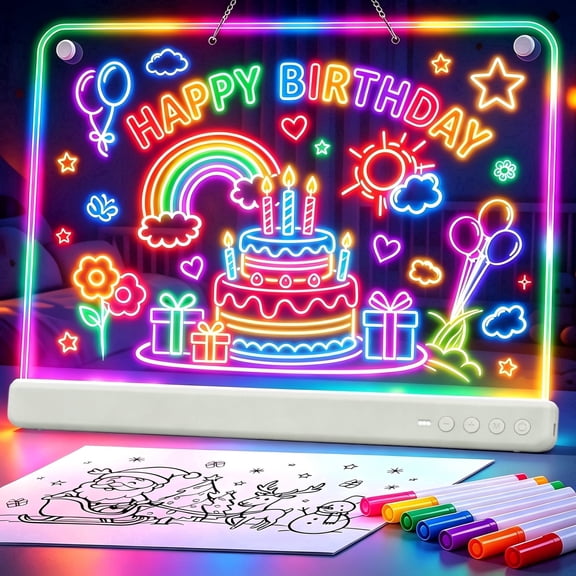 16-inch Rechargeable LED Drawing Board for Kids, Neon Glow Acrylic Message Board with 7 LED Colors, 3 Modes, 10 Brightness Levels, 7 Markers & Stand