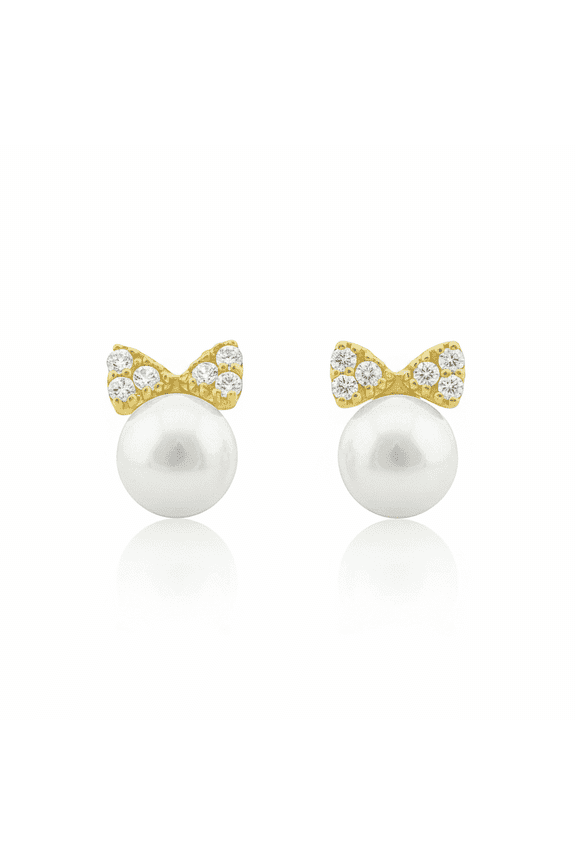 Bow Stud Cz Freshwater Pearl Earrings, 14K, Solid Yellow Gold