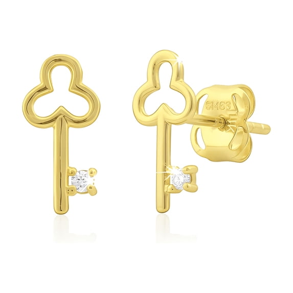 Vinali 14K Solid Yellow Gold Cz Small Clover Key Stud Earrings