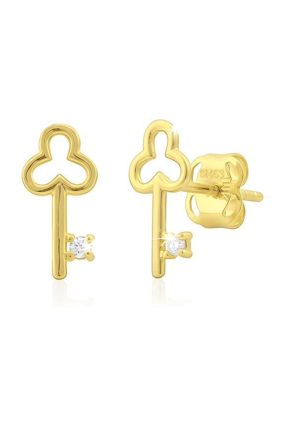 14K Solid Yellow Gold Cz Small Clover Key Stud Earrings
