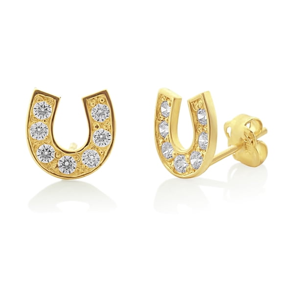 Vinali 14K Solid Yellow Gold Cz Small Lucky Horseshoe Stud Earrings
