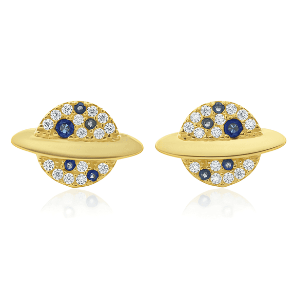 Vinali 14K Solid Yellow Gold Cz Small Planet Stud Earrings