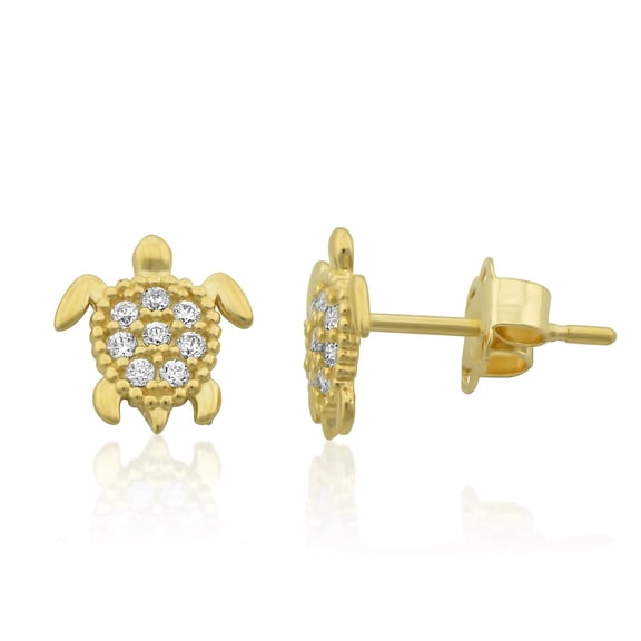 Vinali 14K Solid Yellow Gold Cz Small Sea Turtle Stud Earrings