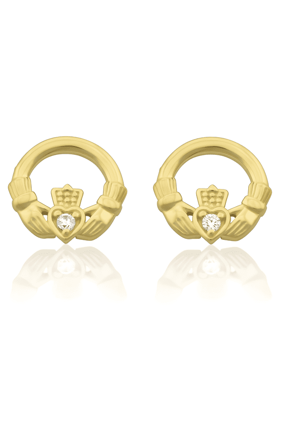 14K Solid Yellow Gold Cz Womens Tiny Celtic Claddagh Heart Stud Earrings - 0.23in