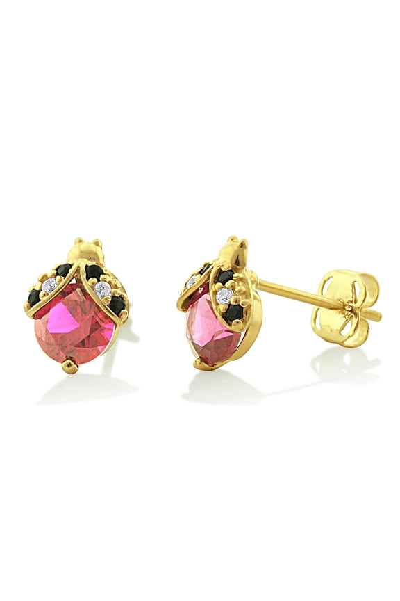 14K Solid Yellow Gold Cz Womens Tiny Ladybug Stud Earrings - 0.29in