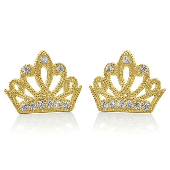 Vinali 14K Solid Yellow Gold CZ Queen Tiara Crown Stud Earrings
