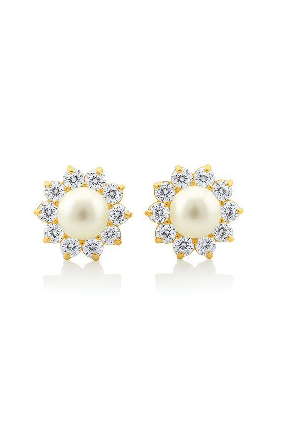 14K Solid Yellow Gold Womens Dainty White Freshwater Pearl Halo CZ Stud Earrings - 0.30 in