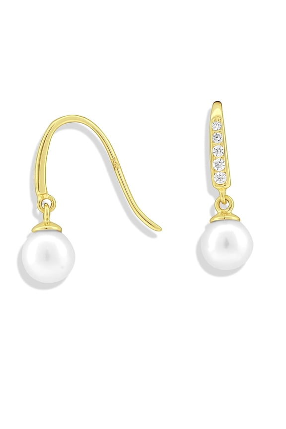 14K Solid Yellow Gold Dangle Cz Cultured Pearl Earrings