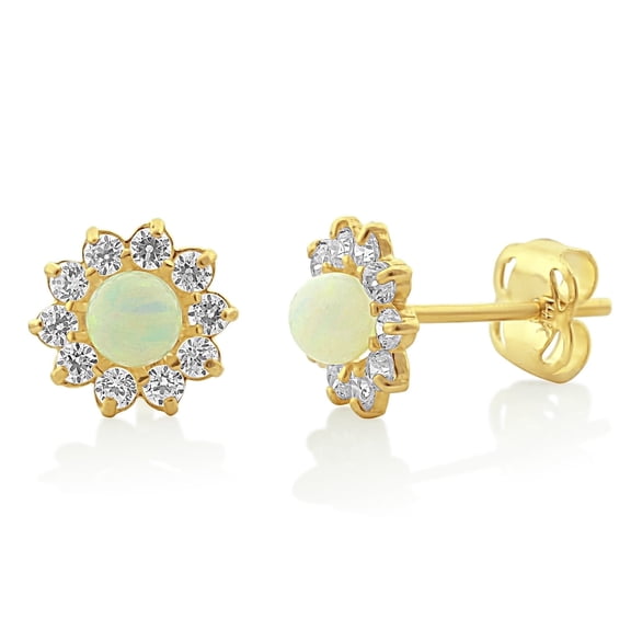 Vinali 14K Solid Yellow Gold Tiny Created Opal Cz Halo Stud Earrings