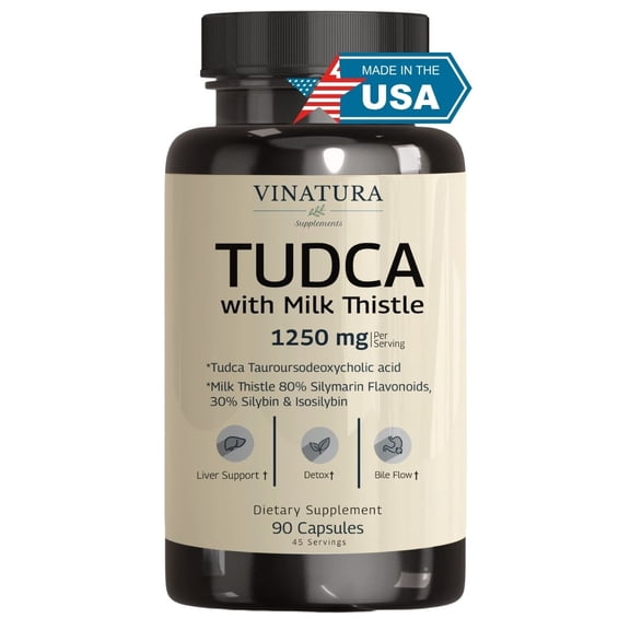 VINATURA TUDCA Milk Thistle 1250mg - Tudca Supplement, Tudca Bile Salts, Liver Support, Gallbladder Supplements *USA Made and Tested* Bile Salts Supplement - 90 Capsules