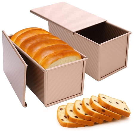 VINAUO 2X Pullman Loaf Pan With Lid, 8x4 in Bread Pan for Baking Non-Stick, 1LB Capacity Easy to Use Sandwich Loaf Pans for Baking Gold