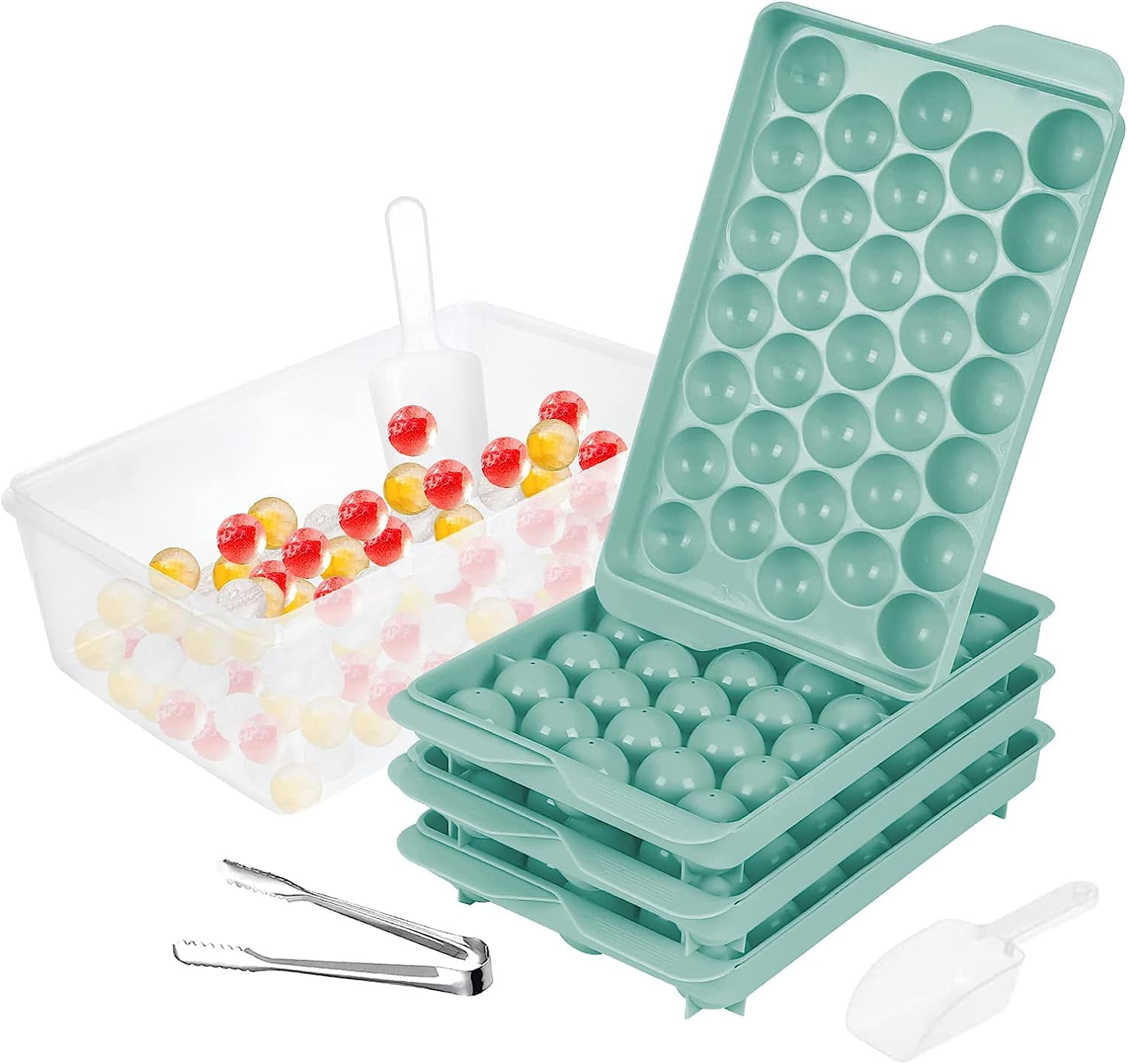 AMONTZA Ice Cube Tray with Lid and Bin, Upgraded Ice Trays for Freezer with Bin | 33x2 Round Ice Cube Mold Easy Release | 2 Ice Tray for Chilling Cocktail