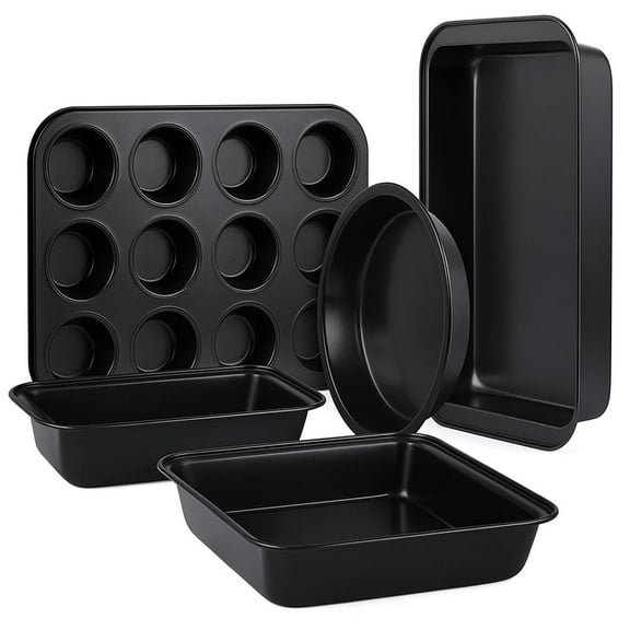 VINAUO Nonstick 5 Piece Baking Pans Sets for Kitchen,Stackable Bakeware Set,Carbon Steel Baking Set for Oven, Baking Sheet, Muffin, Cake & Loaf Pan,Dishwasher Safe,Black