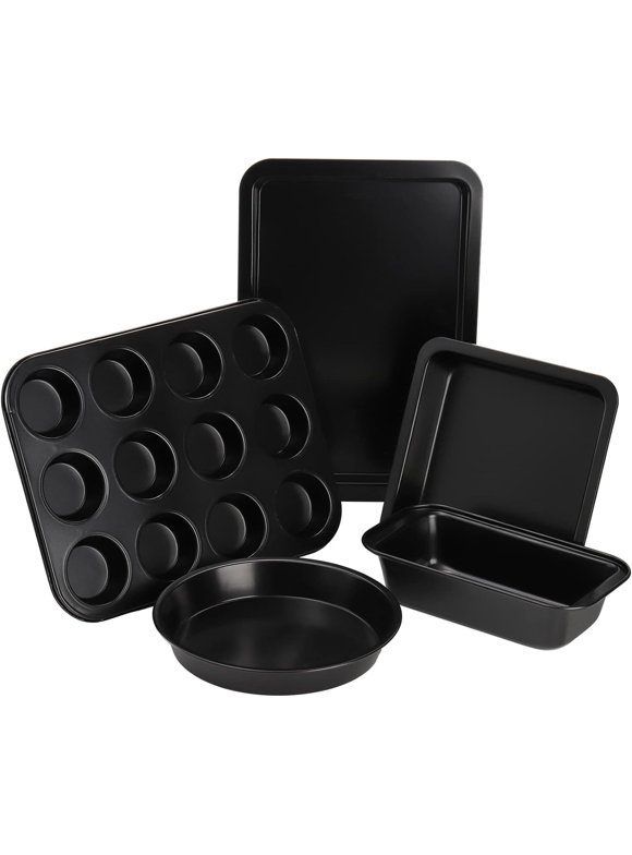 VINAUO 5 Pieces Baking Pans Set,Stackable Bakeware Set,Nonstick Baking Sheet Set for Oven,Complete Carbon Steel Bakeware Set,Dishwasher Safe,Balck