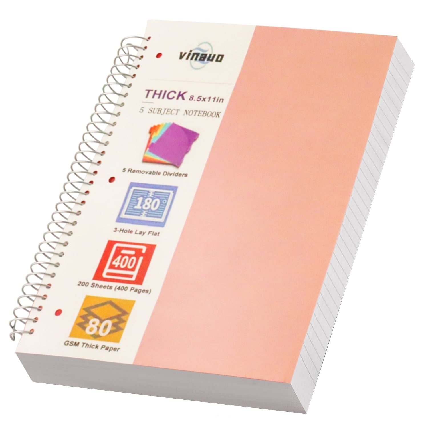 VINAUO Spiral Notebook 8.5" x 11", 5 Subject Notebooks College Ruled with Removable Dividers, 400 Pages 100GSM Thick Spiral Writing Journal for Work , Pink