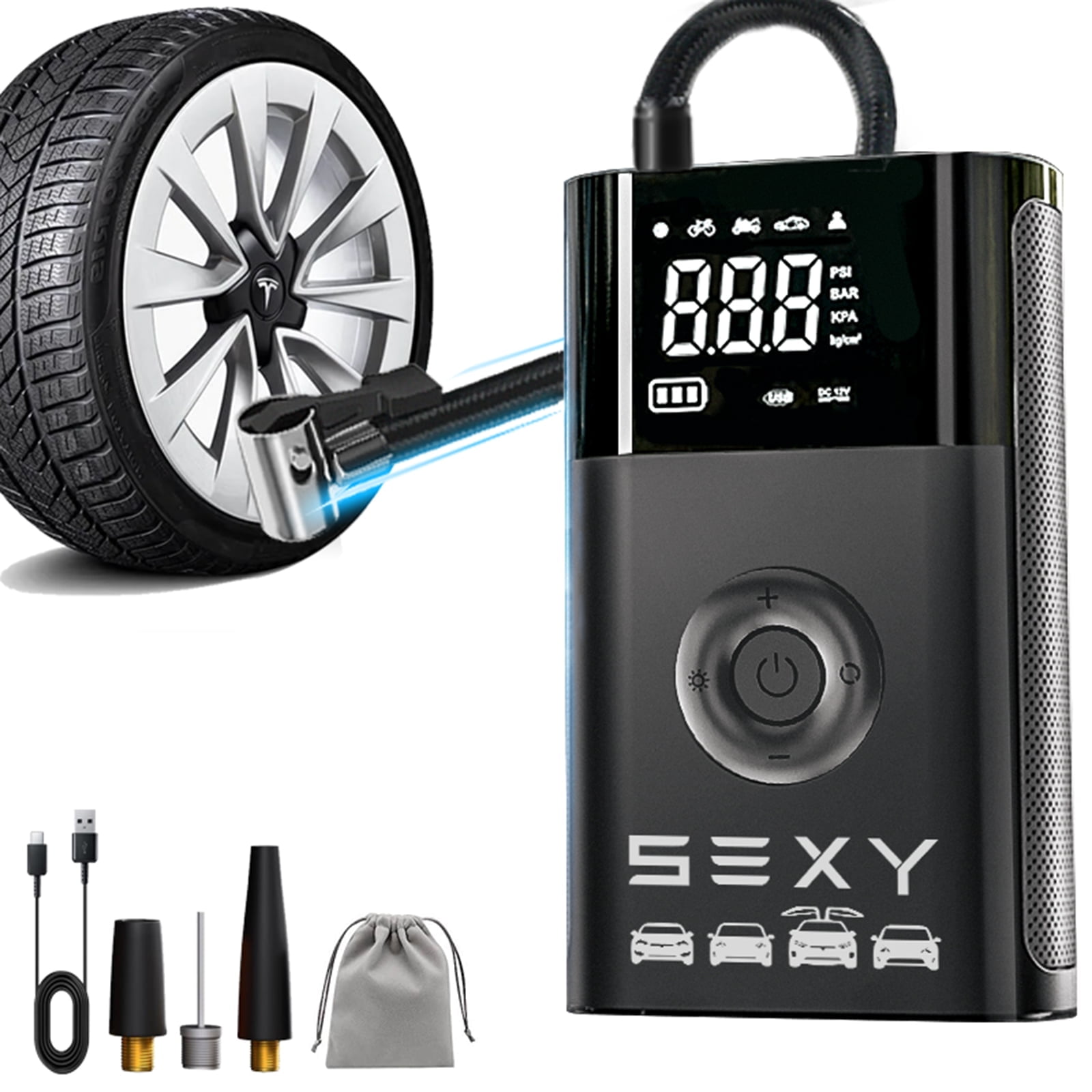 VINBYEE Tire Inflator Air Compressor for Tesla Model 3 Y X S,Cordless Portable Air Pump,Tesla Accessories with Tire Pressure Gauge and Emergency Light,Multipurpose Tesla Tire Pump