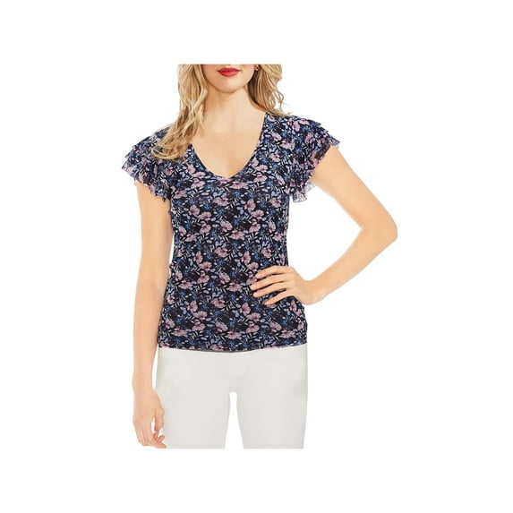 VINCE CAMUTO $69 Womens New 0171 Blue Floral V Neck Casual Top XS B+B