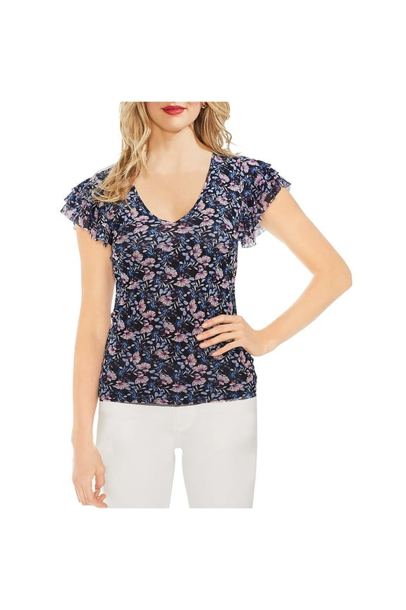 $69 Womens New 0171 Blue Floral V Neck Casual Top XS B+B