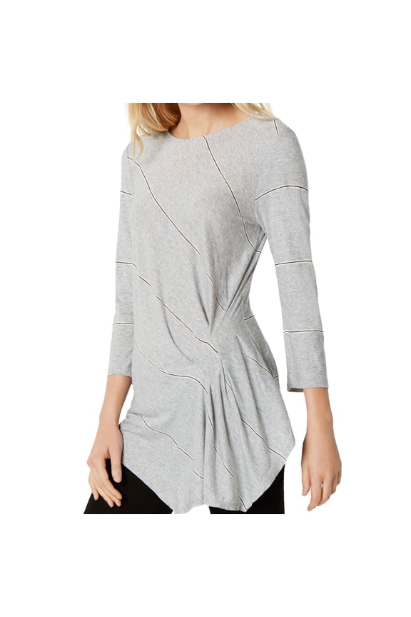 Womens Gray Striped Handkerchief Hem 3/4 Sleeve Jewel Neck Top Size: L