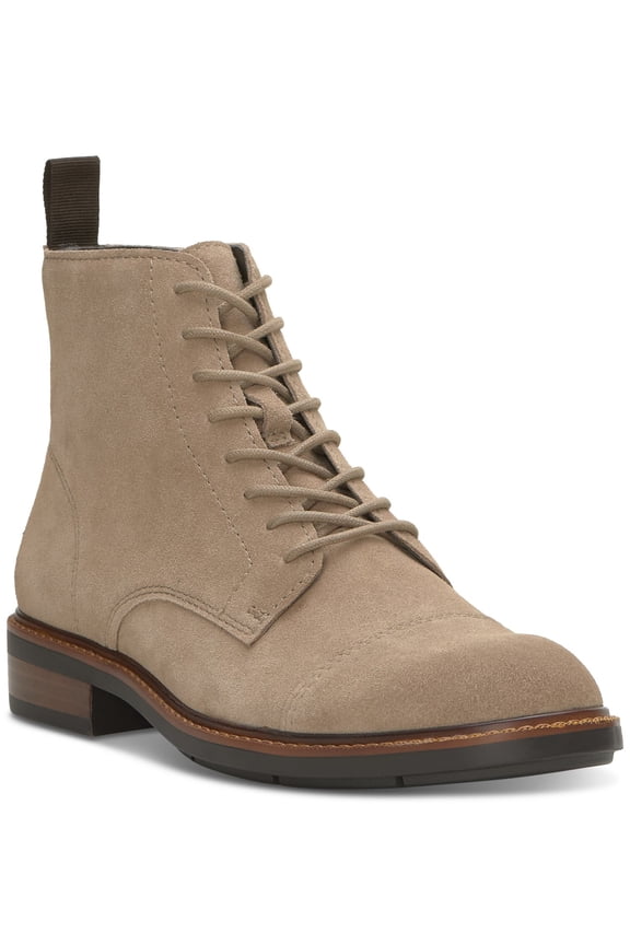 Mens Beige Lace-Up Front Heel Pull-Tab Padded Ferko Cap Toe Block Heel Zip-Up Leather Boots Shoes 8 M