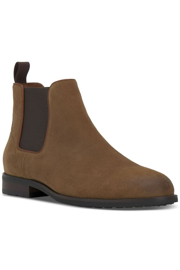 Mens Brown Lug Sole Pull Tab Goring Cushioned Removable Insole Lieven Round Toe Block Heel Leather Chelsea 9.5 M