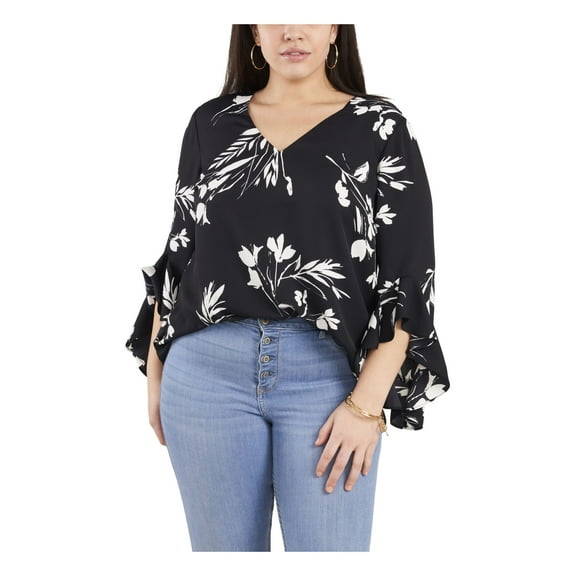 VINCE CAMUTO Womens Black Unlined Pullover Layered Ruffled Floral Flutter Sleeve V Neck Wear To Work Tunic Top 1X