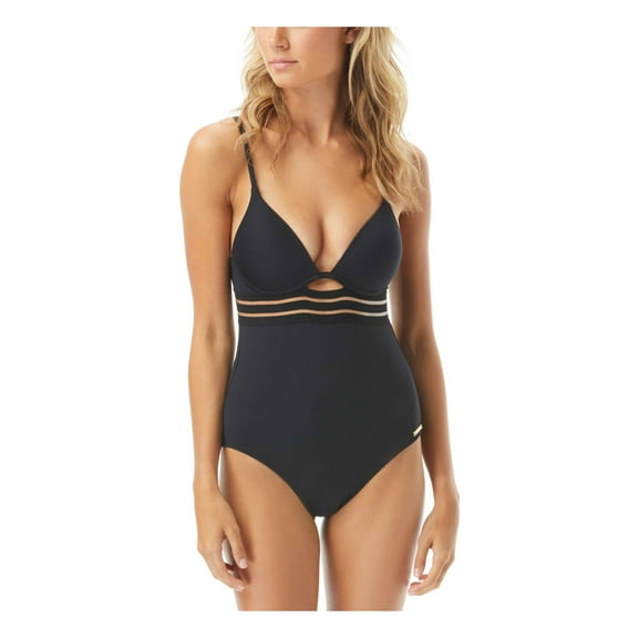 VINCE CAMUTO SWIM Women's Black Stretch Mesh-Trim Cutout Adjustable Deep V Neck Moderate Coverage Coast Lines One Piece Swimsuit 12