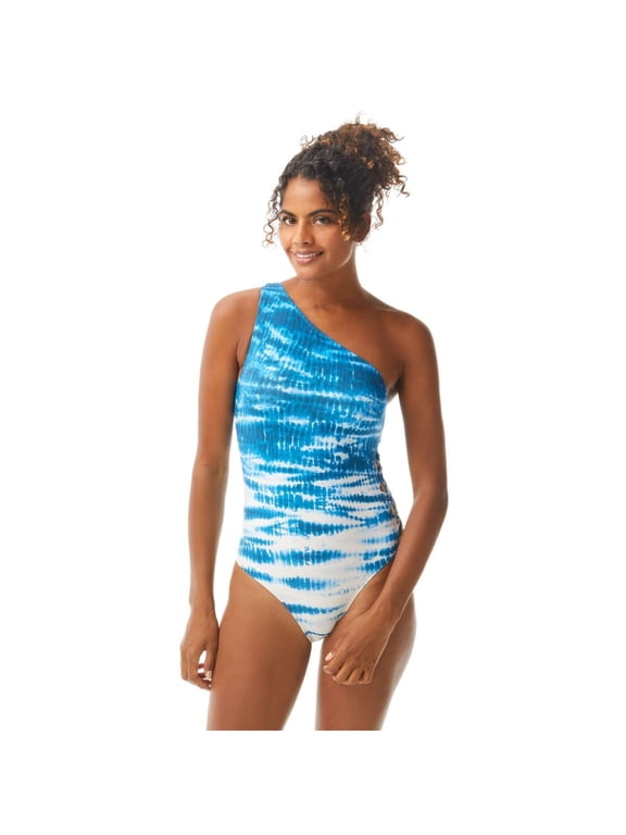 SWIM Women's Blue Tie Dye Stretch Lined Strappy-Side Moderate Coverage Cutout One Shoulder One Piece Swimsuit 12