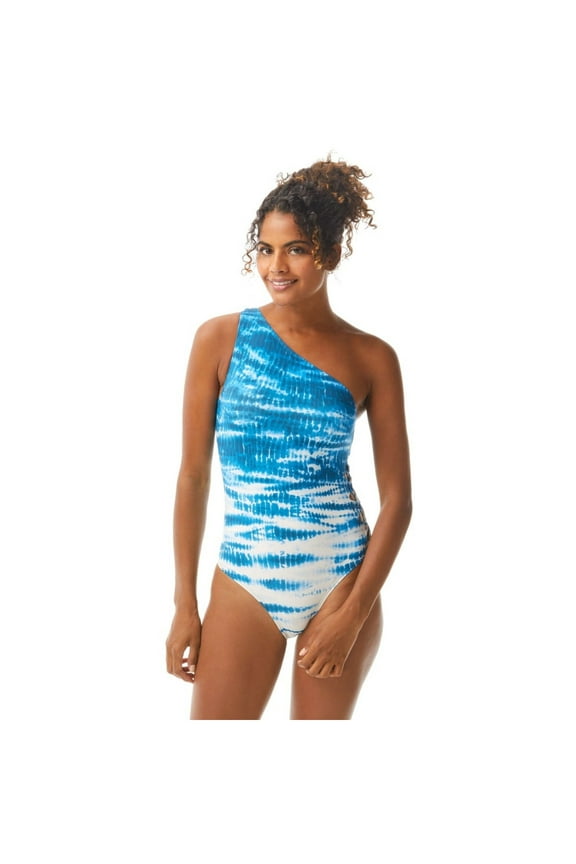 Women's Blue Tie Dye Stretch Lined Strappy-Side Moderate Coverage Cutout One Shoulder One Piece Swimsuit 14