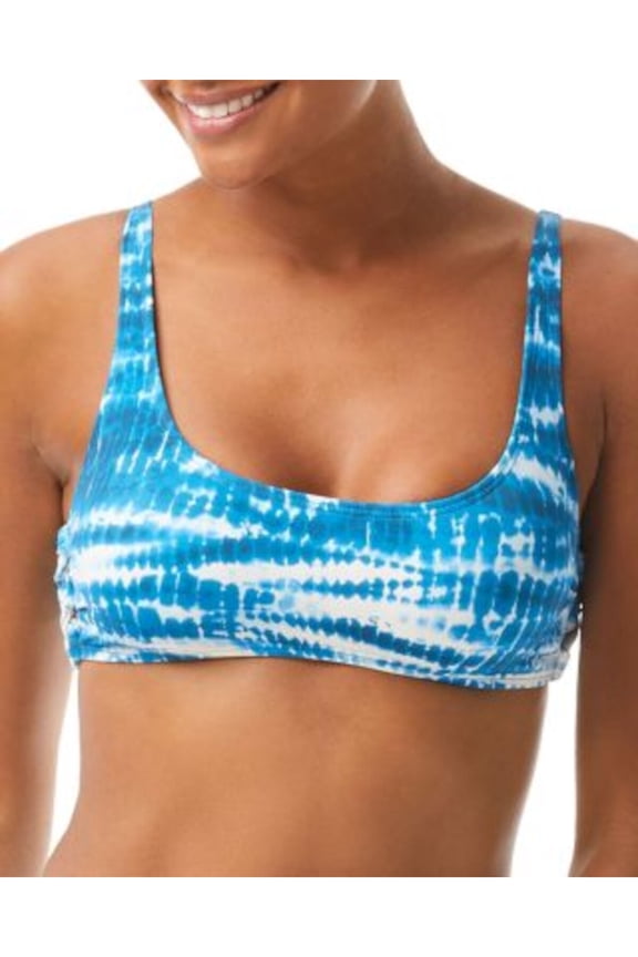 Women's Blue Tie Dye Stretch Side-Lace Lined Adjustable Scoop Neck Swimsuit Top M