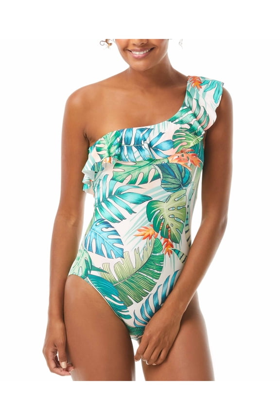 Women's Blue Tropical Print Removable Cups Lined Ruffled One Shoulder One Piece Swimsuit 6