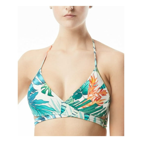 VINCE CAMUTO Women's Green Tropical Print Wrap Removable Cups Adjustable Tie Surplice Swimsuit Top XS