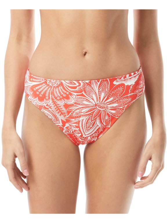 Women's Red Printed Stretch Lined Bikini Full Coverage Reversible High Leg Swimsuit Bottom S