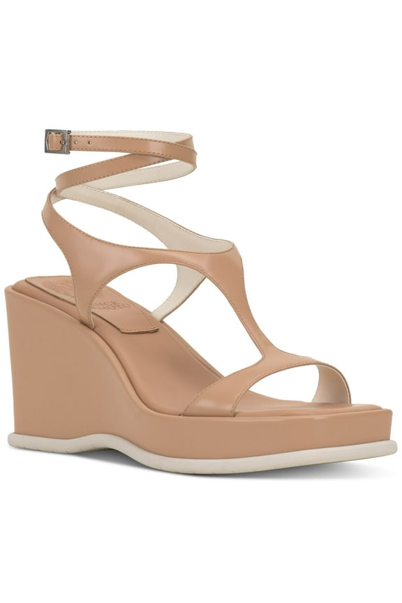 Womens Beige 1" Platformwrapping Ankle Strap T-Strap Cushioned Fetemee Square Toe Wedge Buckle Leather Heeled Sandal 9 M