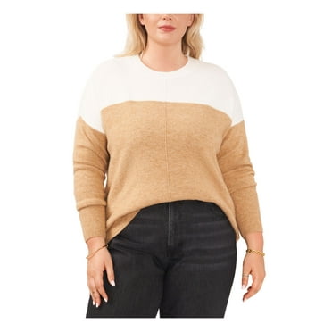VINCE CAMUTO Womens Beige Ribbed Drop Shoulders Pullover Color Block Long Sleeve Crew Neck Sweater Plus 3X