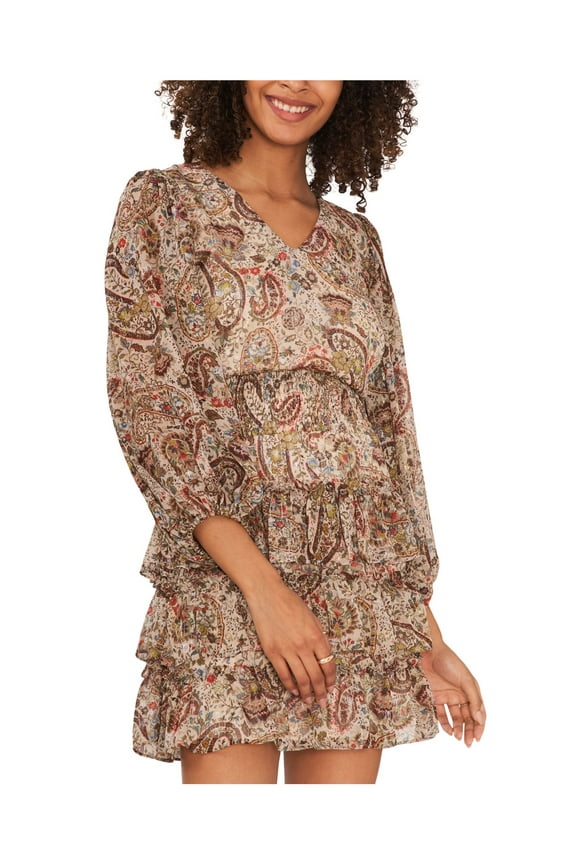 Womens Beige Smocked Ruffled Tiered Skirt Lined Paisley 3/4 Sleeve V Neck Mini Fit + Flare Dress XL