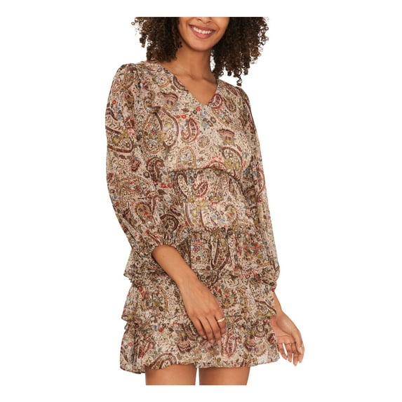 VINCE CAMUTO Womens Beige Smocked Ruffled Tiered Skirt Lined Paisley 3/4 Sleeve V Neck Mini Fit + Flare Dress XS