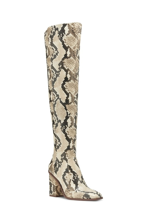 Womens Beige Snake Print Wrapped Heel Cushioned Dreven Square Toe Block Heel Zip-Up Heeled Boots 6 M