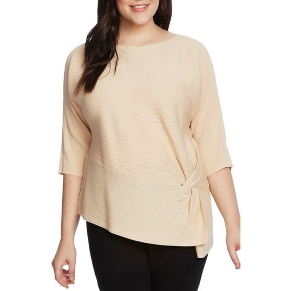 VINCE CAMUTO Womens Beige Textured Twist Front Asymmetrical Hem Ribbed Unlined Dolman Sleeve Boat Neck Top Plus 1X