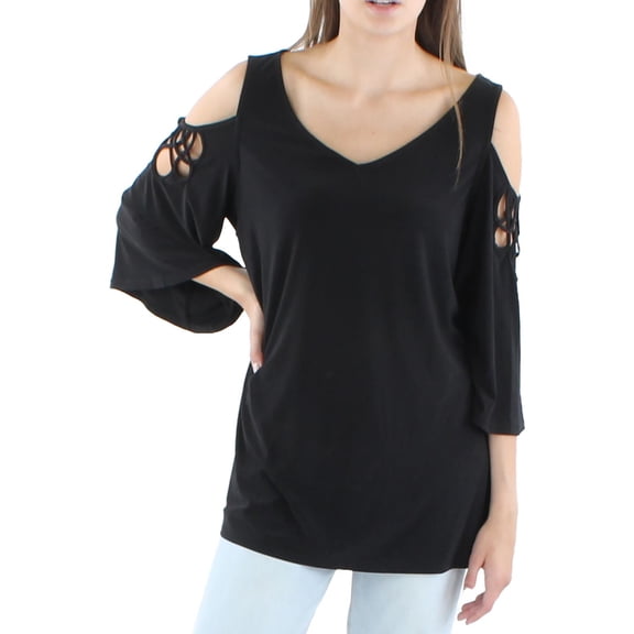 VINCE CAMUTO Womens Black Cold Shoulder Cut Out 3/4 Sleeve V Neck Top XS