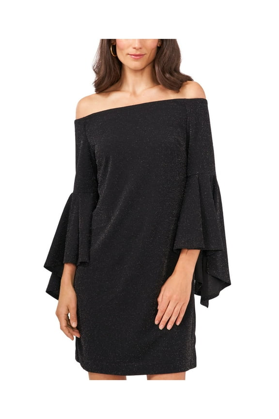 Womens Black Glitter Pullover Lined Bell Sleeve Off Shoulder Short Cocktail Shift Dress XS