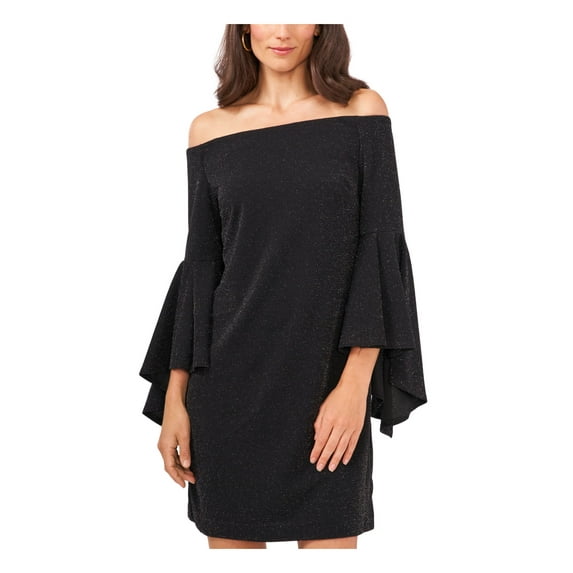 VINCE CAMUTO Womens Black Glitter Pullover Lined Bell Sleeve Off Shoulder Short Cocktail Shift Dress XS
