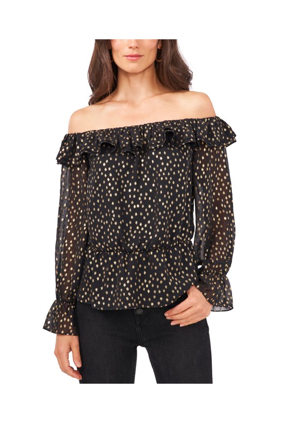Womens Black Metallic Ruffled Blouson Sleeve Off Shoulder Blouse XS