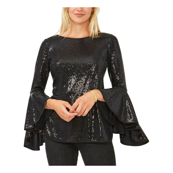 VINCE CAMUTO Womens Black Metallic Textured Sheer Unlined Flutter Sleeve Crew Neck Cocktail Top S