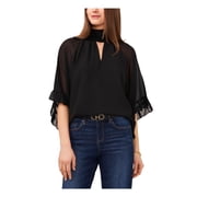 VINCE CAMUTO Womens Black Ruffled Sheer Cutout Front Keyhole Back Lined 3/4 Sleeve Mock Neck Party Top S