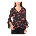 thumbnail image 1 of VINCE CAMUTO Womens Black Sheer Metallic Cross Over Hem Lined Floral Flutter Sleeve V Neck Wear To Work Top XS, 1 of 4